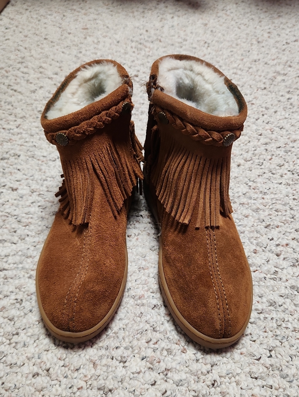 Minnetonka Chestnut Suede Fringe Ankle Booties with Faux Fur